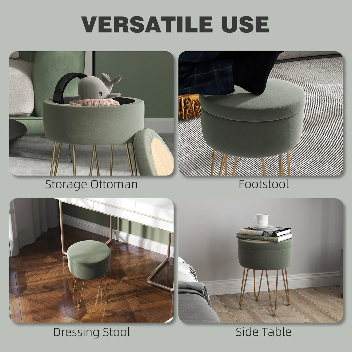 Green velvet storage ottoman shown as storage, footstool, dressing stool, and side table
