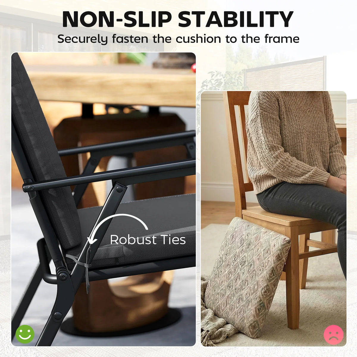 Outdoor seat cushion set with secure tie straps to hold on chair frame