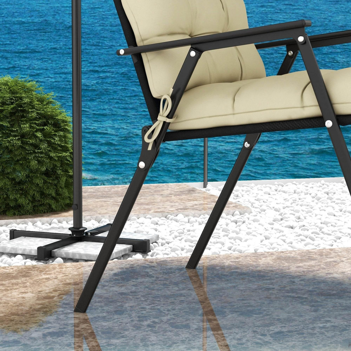 Beige patio chair cushion set with tied straps and tufted backrest padding