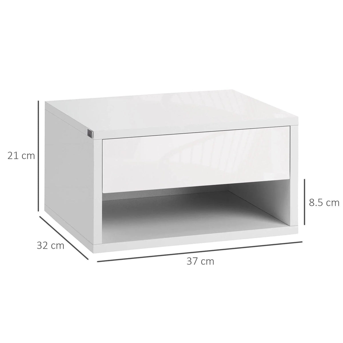 White floating bedside table with single drawer and open shelf, front and side view