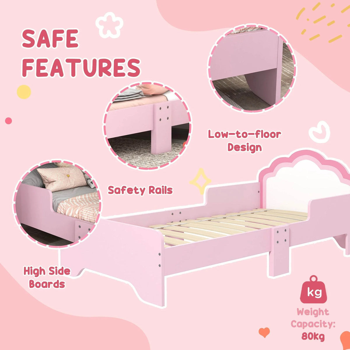Pink cloud-themed kids bed with low-to-floor frame and raised side boards