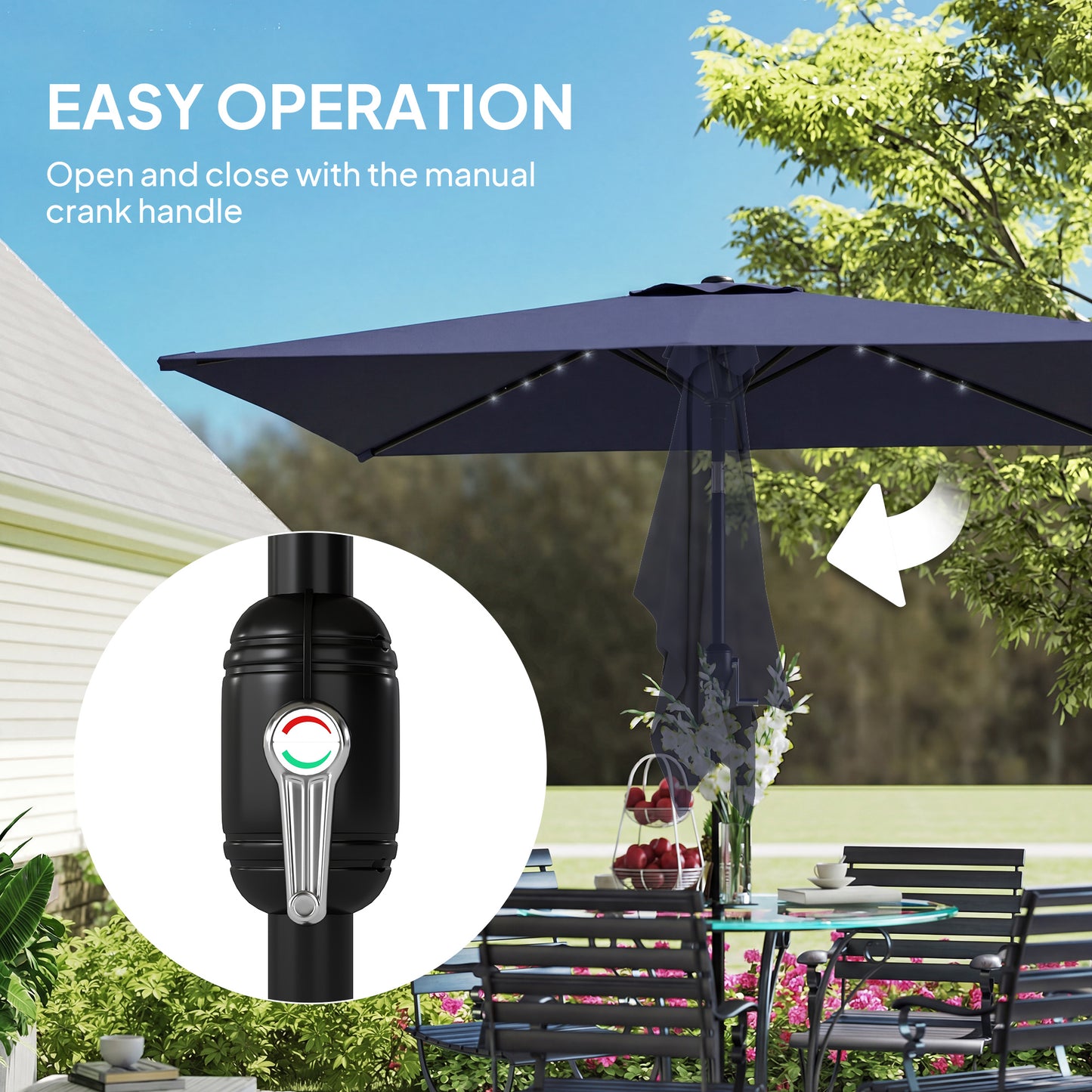 Outsunny 3 x 2 m Garden Parasol With LED Solar Lights Outdoor Market Patio Umbrella Navy Blue