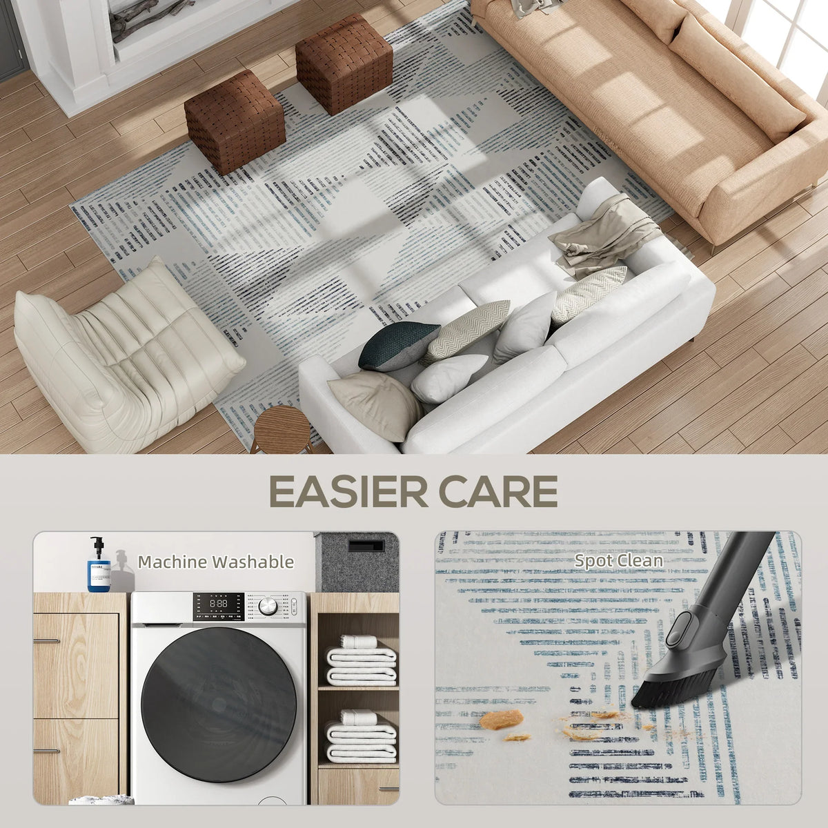 Geometric area rug on hardwood floor with white base and blue-gray pattern, soft underfoot
