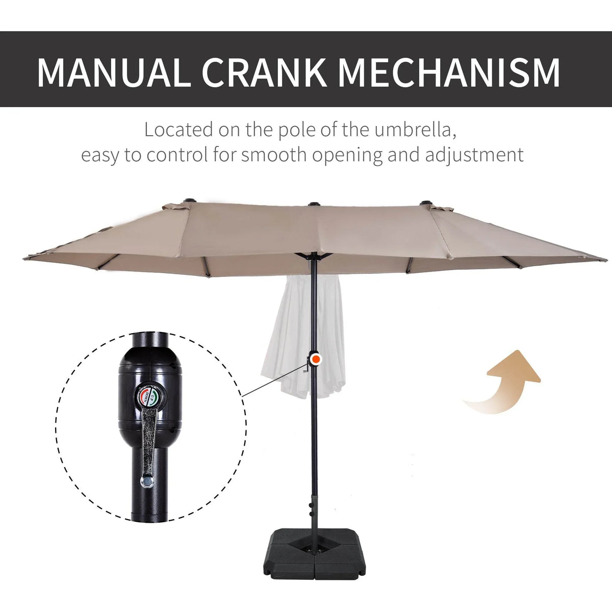 Tan double-canopy garden umbrella showing manual crank mechanism on pole