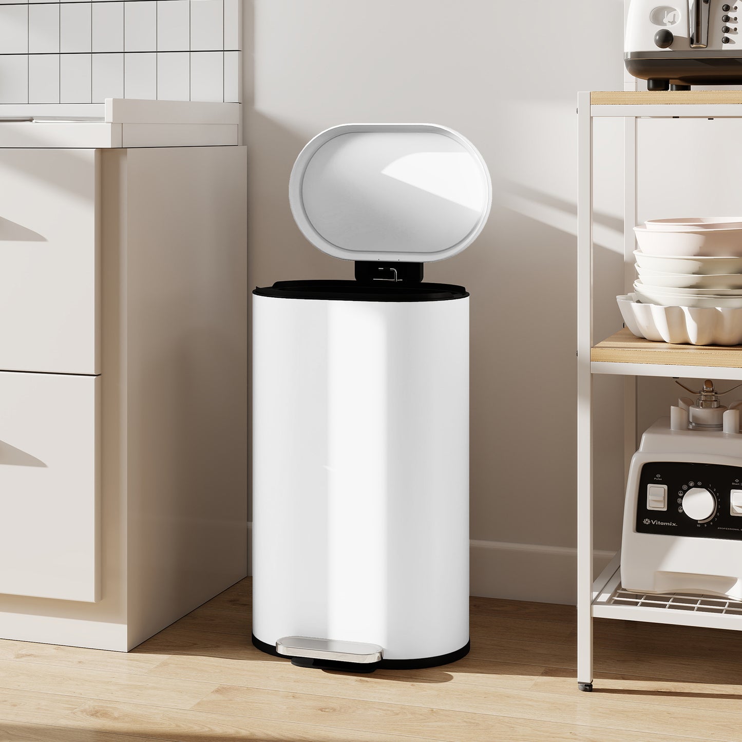 HOMCOM 30 L Pedal Kitchen Bin Modern Curved White With Soft Close Lid Fingerprint Resistant Metal For Quiet Operation