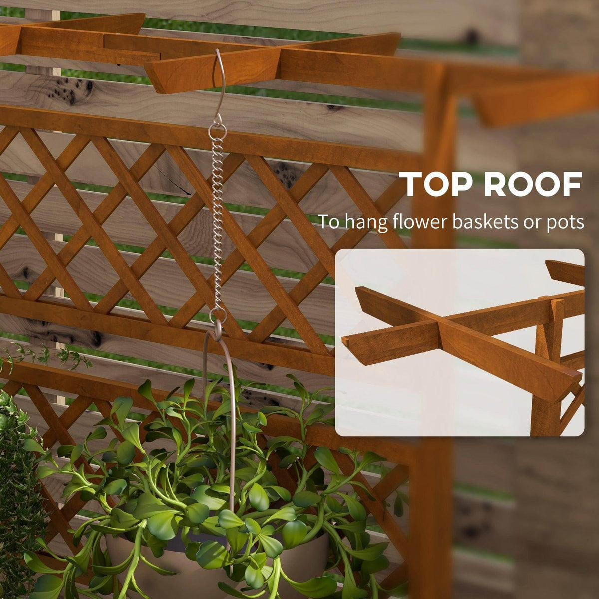 Wooden top trellis with hanging chain and cross-lattice design over planter