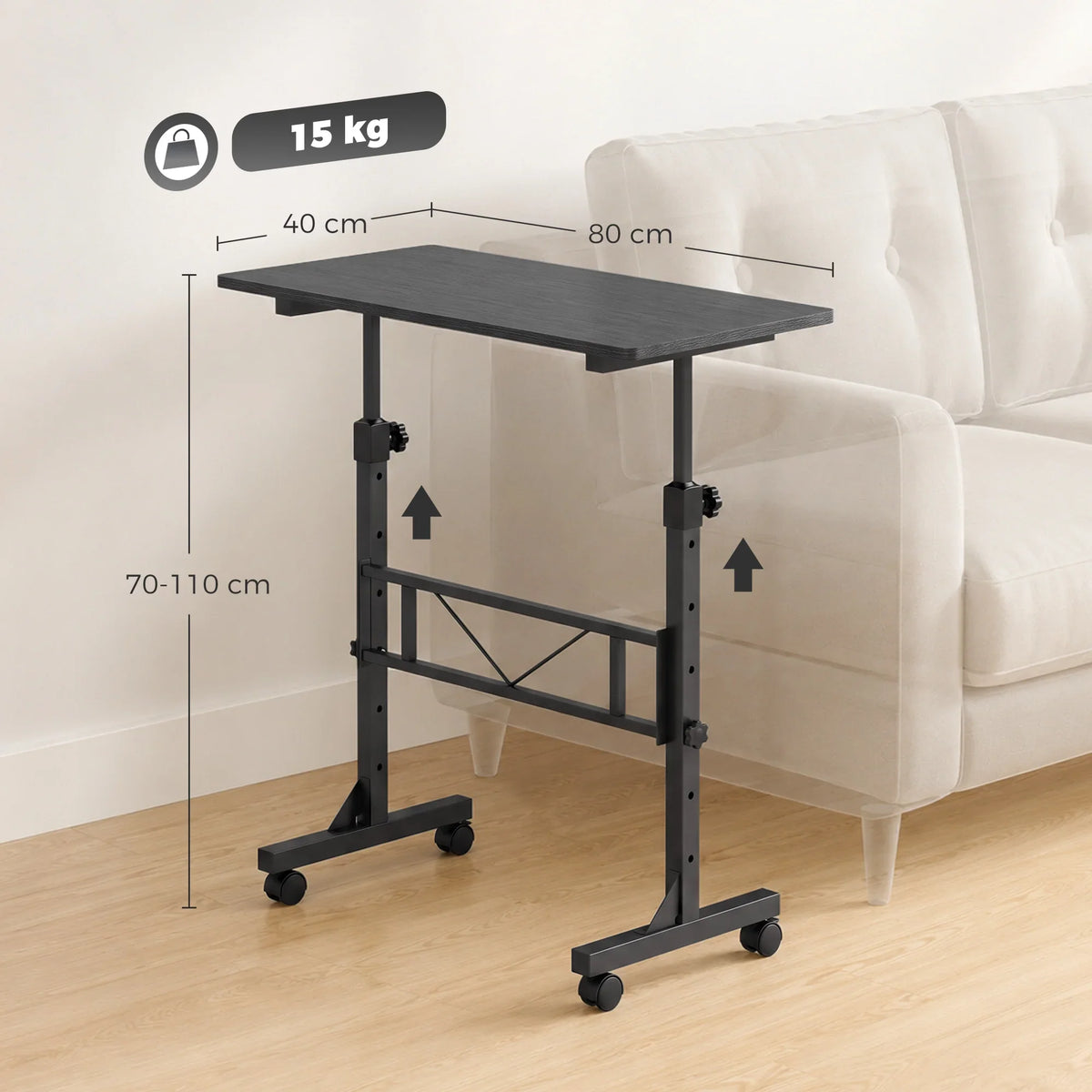 Height-adjustable overbed table with black tabletop, open frame, and caster wheels