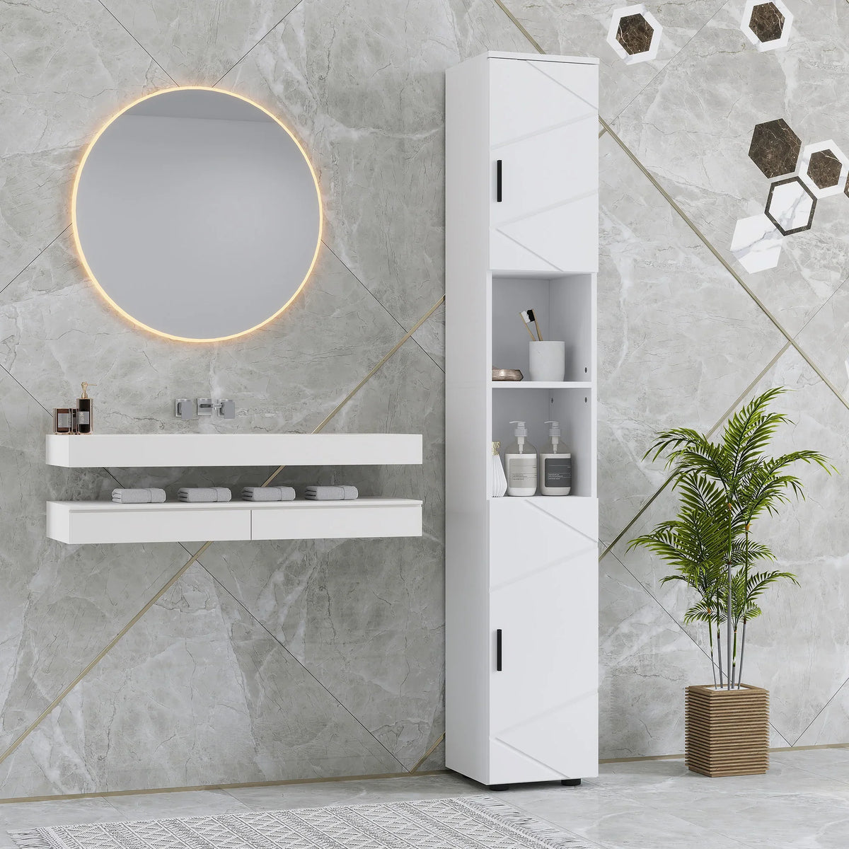 White tall slim corner cabinet with embossed doors and interior shelves for bathroom items