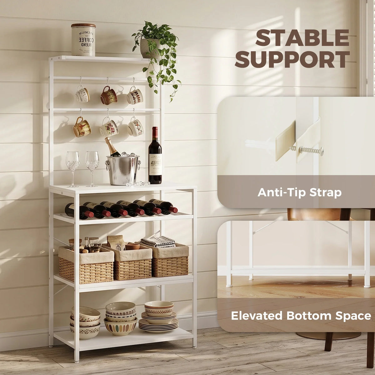 White shelving unit with anti-tip strap, elevated bottom space, and open multi-tier shelves