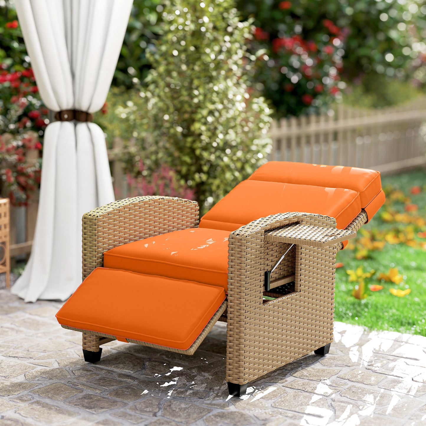 Outsunny 145 Degree Reclining Rattan Armchair With Manual Footrest Khaki Orange Outdoor Patio Lounge