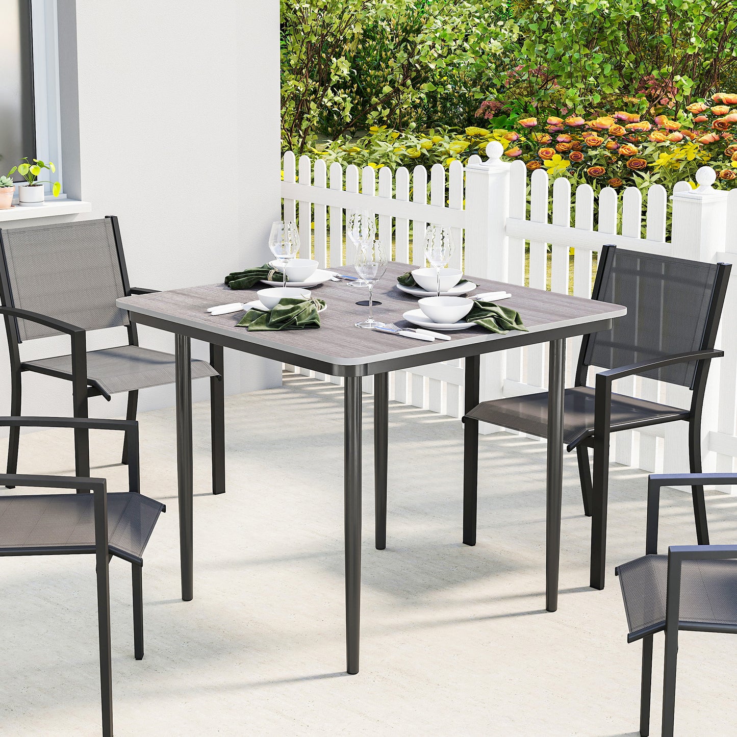 Outsunny Garden Dining Table For 4 With Umbrella Hole 85 Cm Square Faux Wood Top And Metal Legs Light Grey