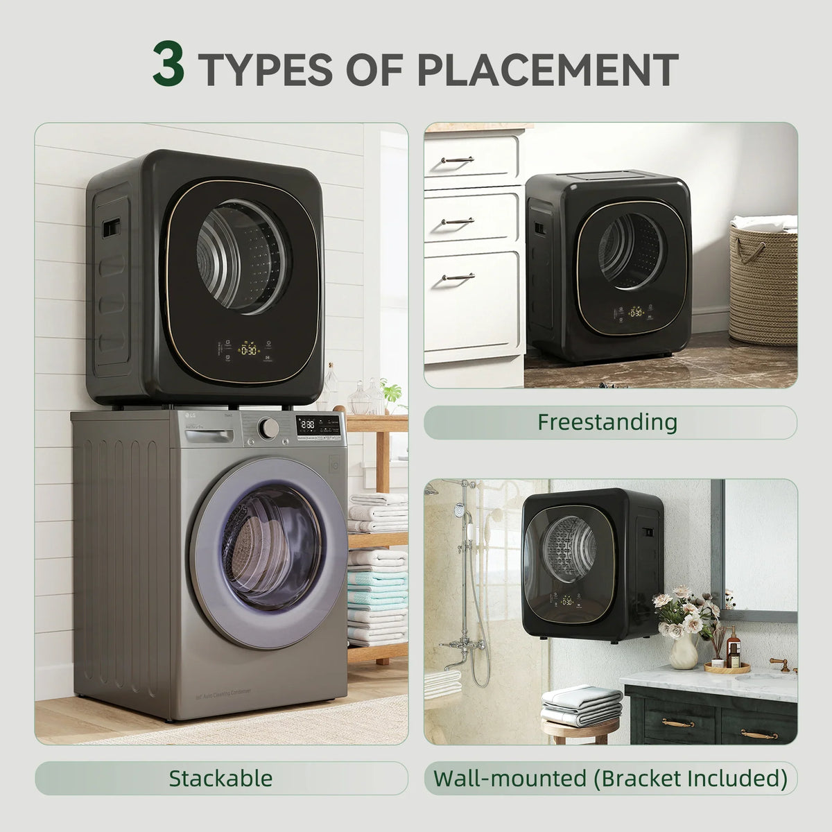 Black compact vented tumble dryer with placement options: freestanding, stackable, wall-mount