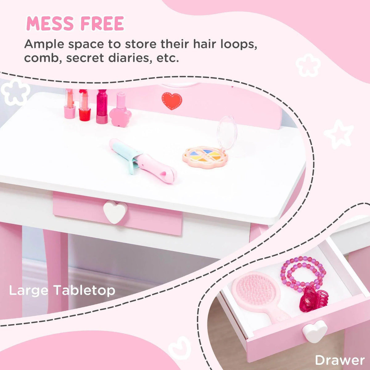 Pink kids vanity table with large tabletop storage drawer and open shelf space