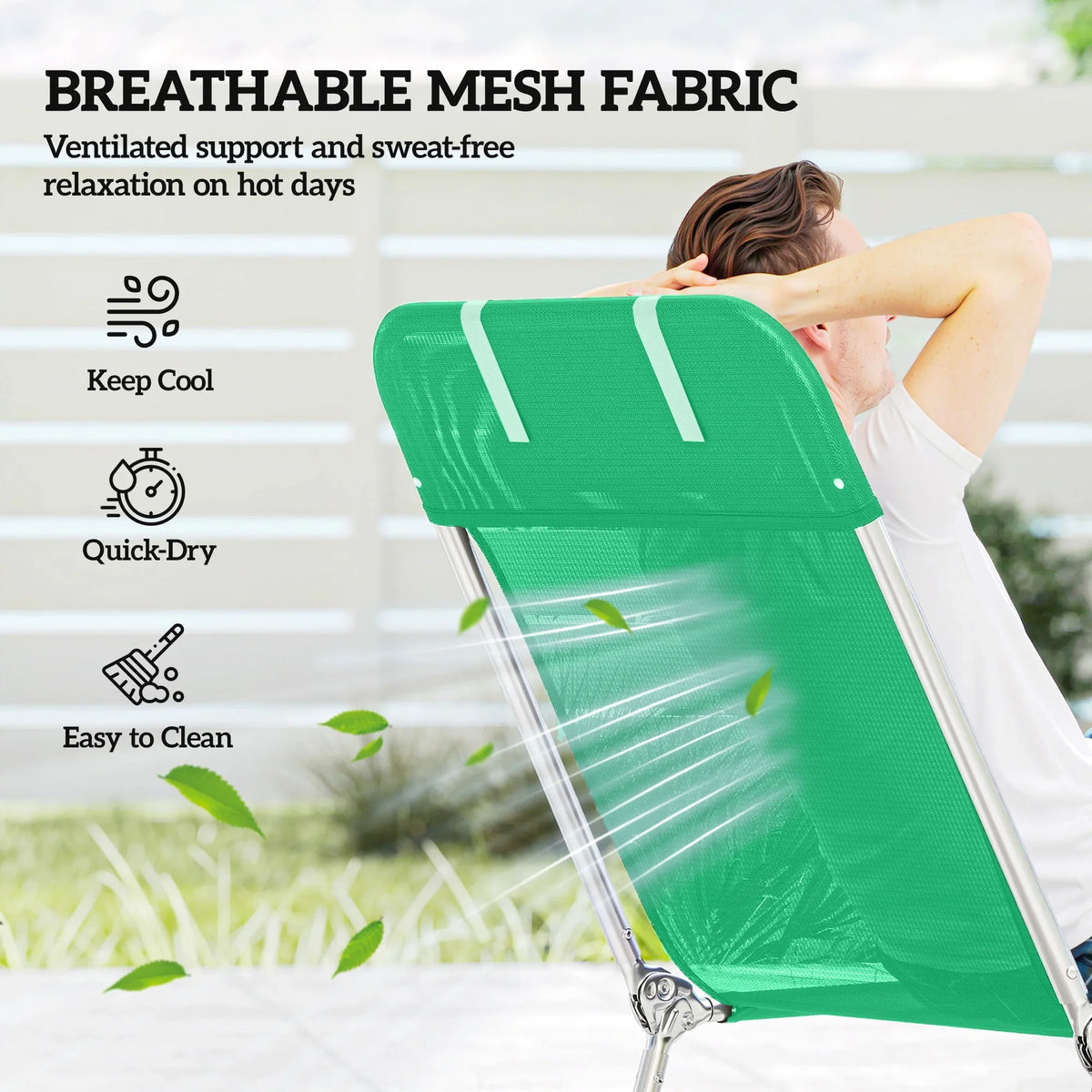 Green breathable mesh folding sun lounger with steel frame and reclining backrest