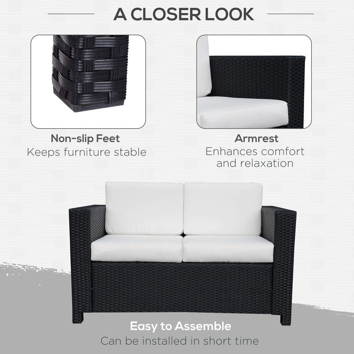 Black rattan loveseat sofa with white cushions and armrests, non-slip feet