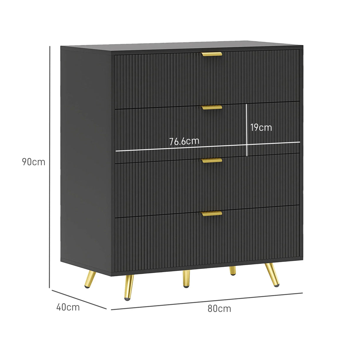 Black four-drawer nightstand with ridged panel fronts and gold bar handles