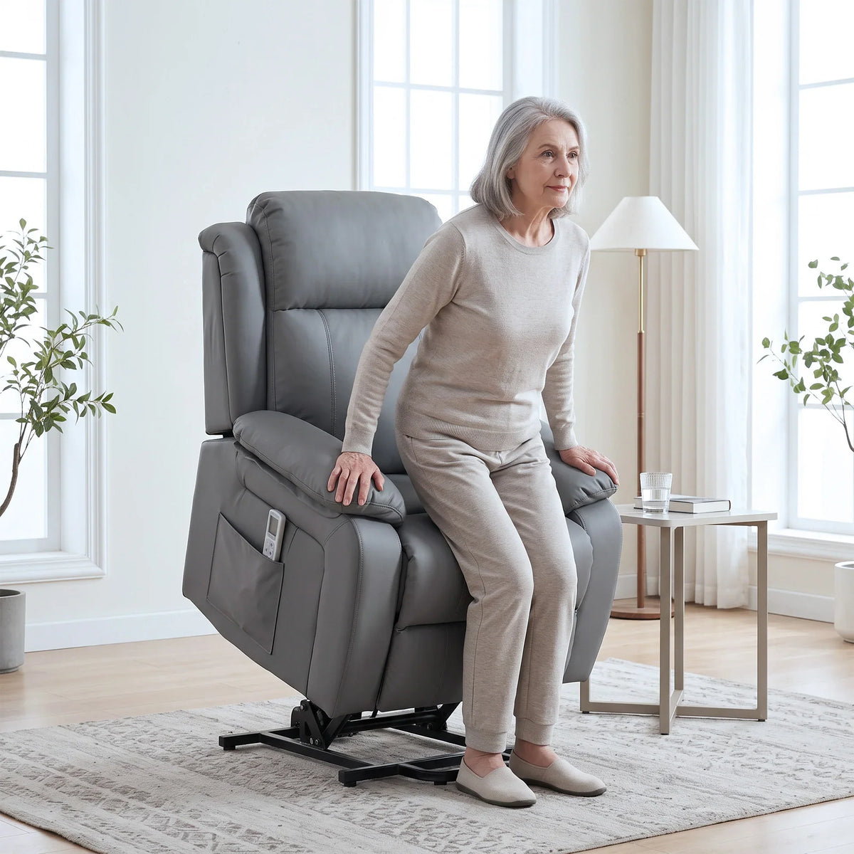 Grey power lift recliner chair with padded arms and lift mechanism, PU leather look