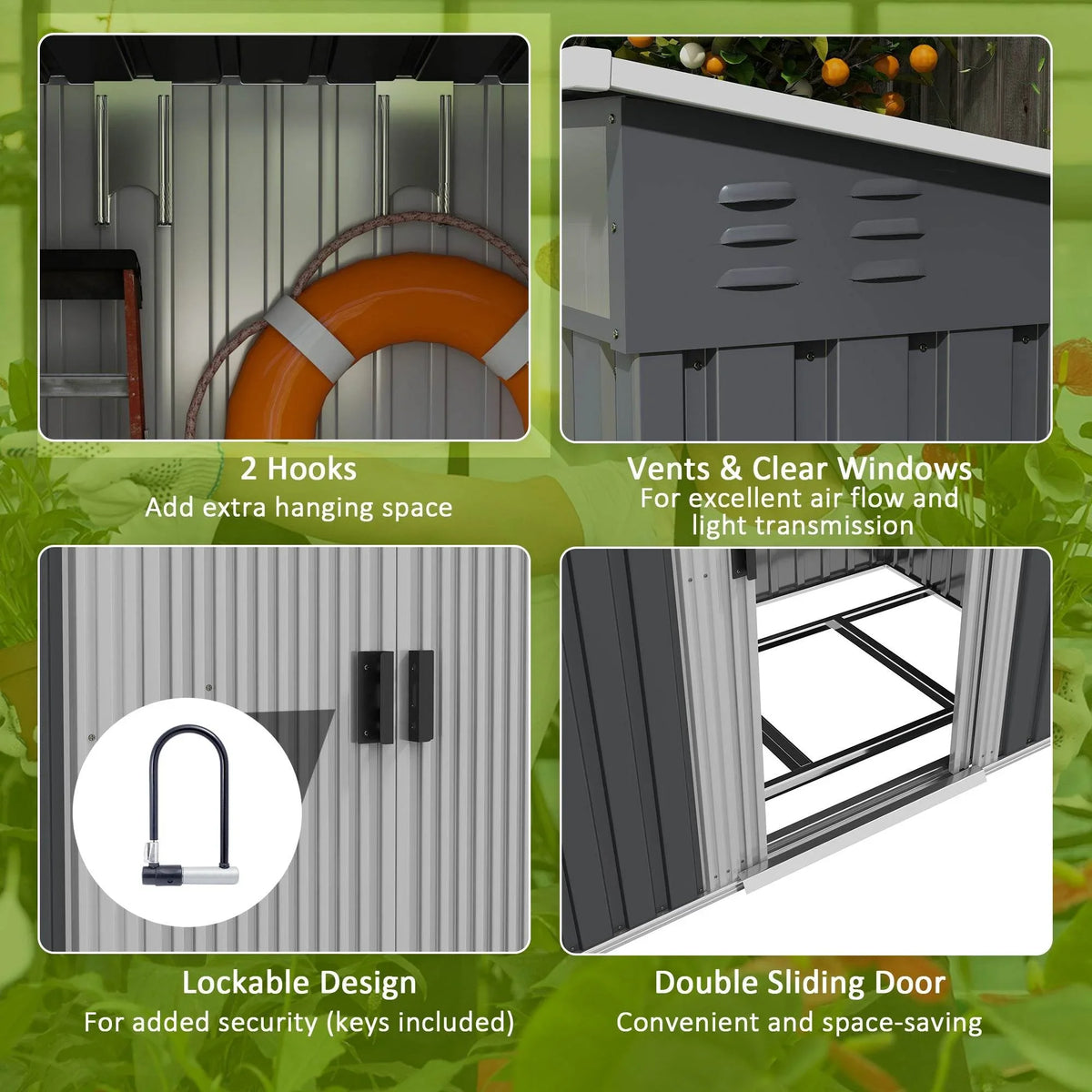 Gray metal shed panels showing lockable design, vents, and double sliding doors