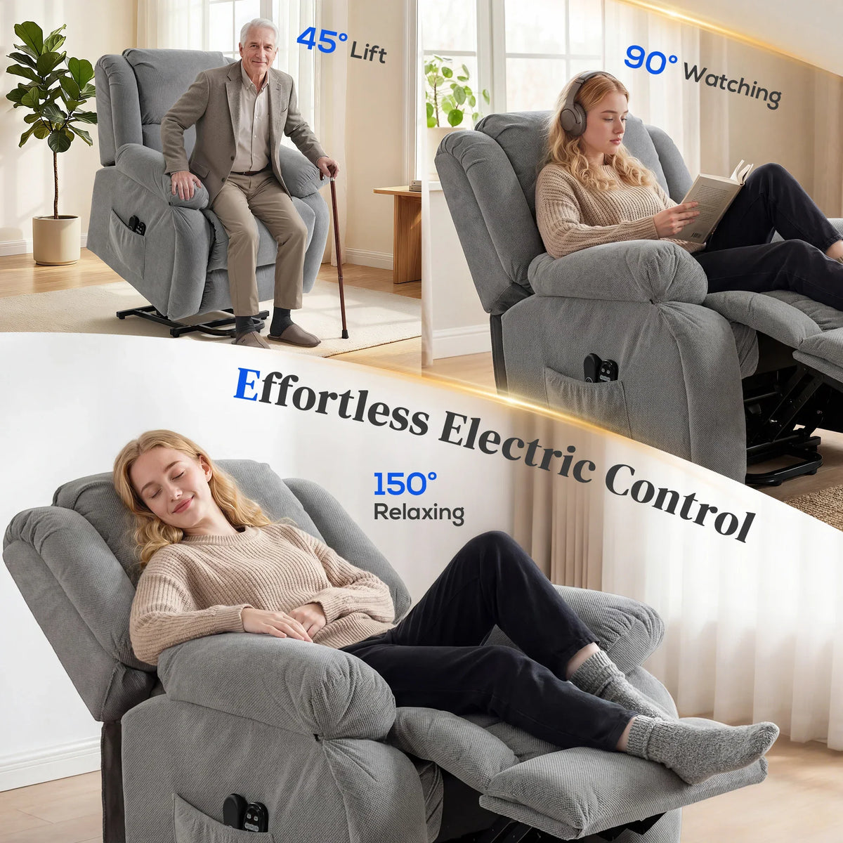 Light grey electric recliner chair shown upright and reclined with extended footrest