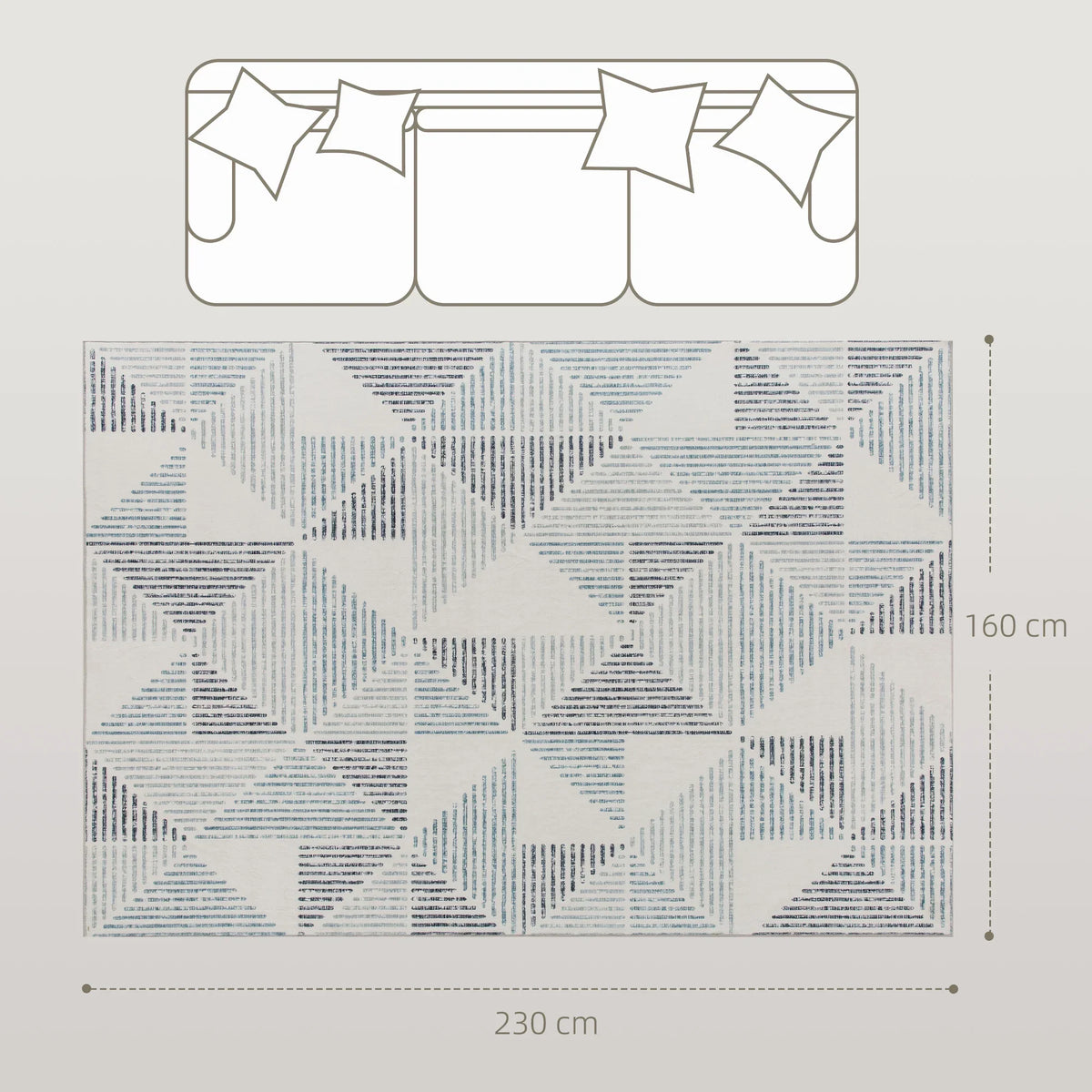 Geometric rug design in gray and blue blocks, shown at 230 x 160 cm