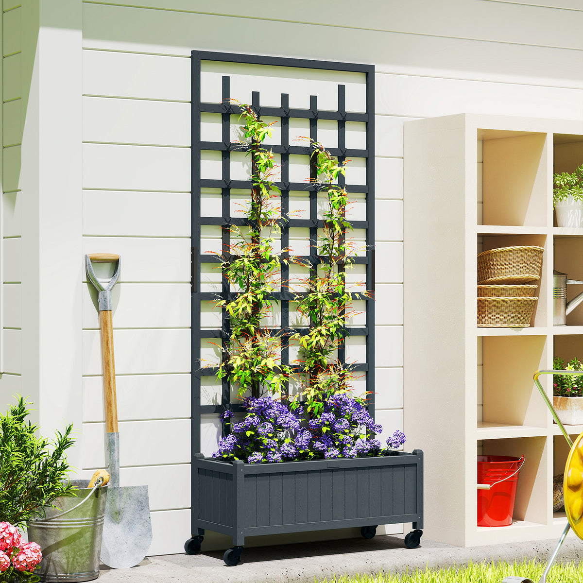 Wooden trellis planter with wheels, raised gray planter box and climbing plants on casters