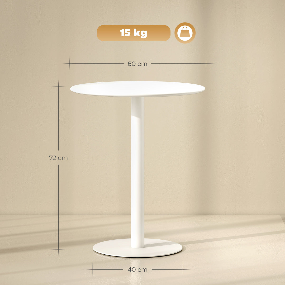 White round dining table with tall pedestal base, shown with size diagram