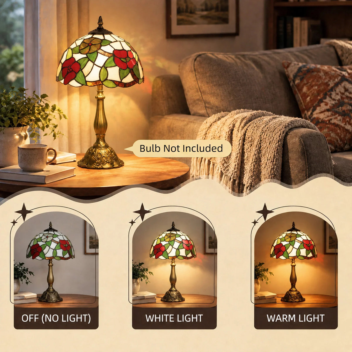 Stained glass bedside table lamp with floral shade and brass stand
