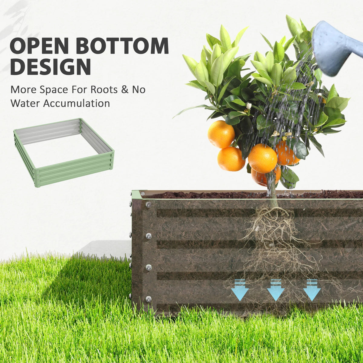Light green raised garden planter box shown with an open bottom design