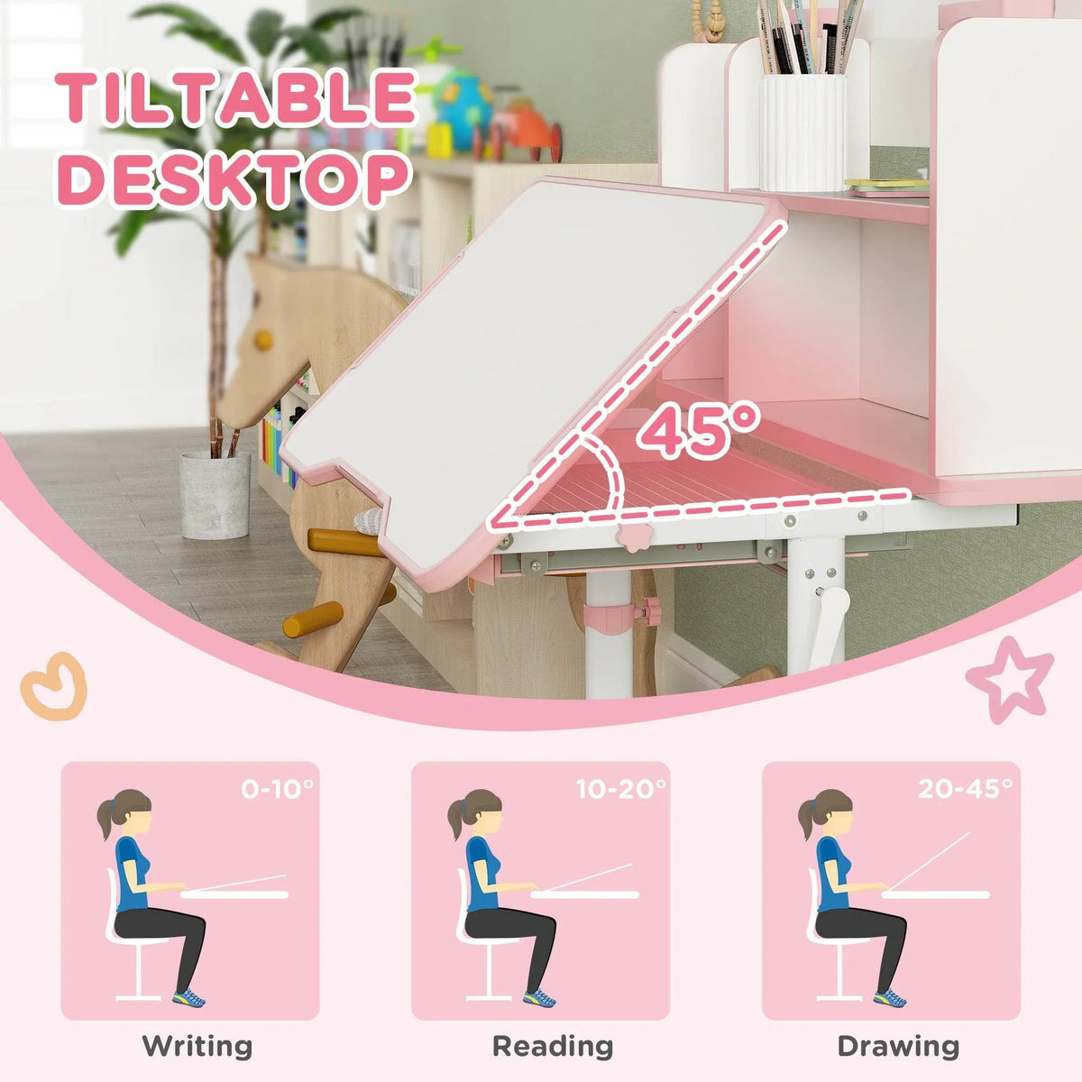 Pink and white children's study desk with tiltable tabletop angled for writing, built-in rack
