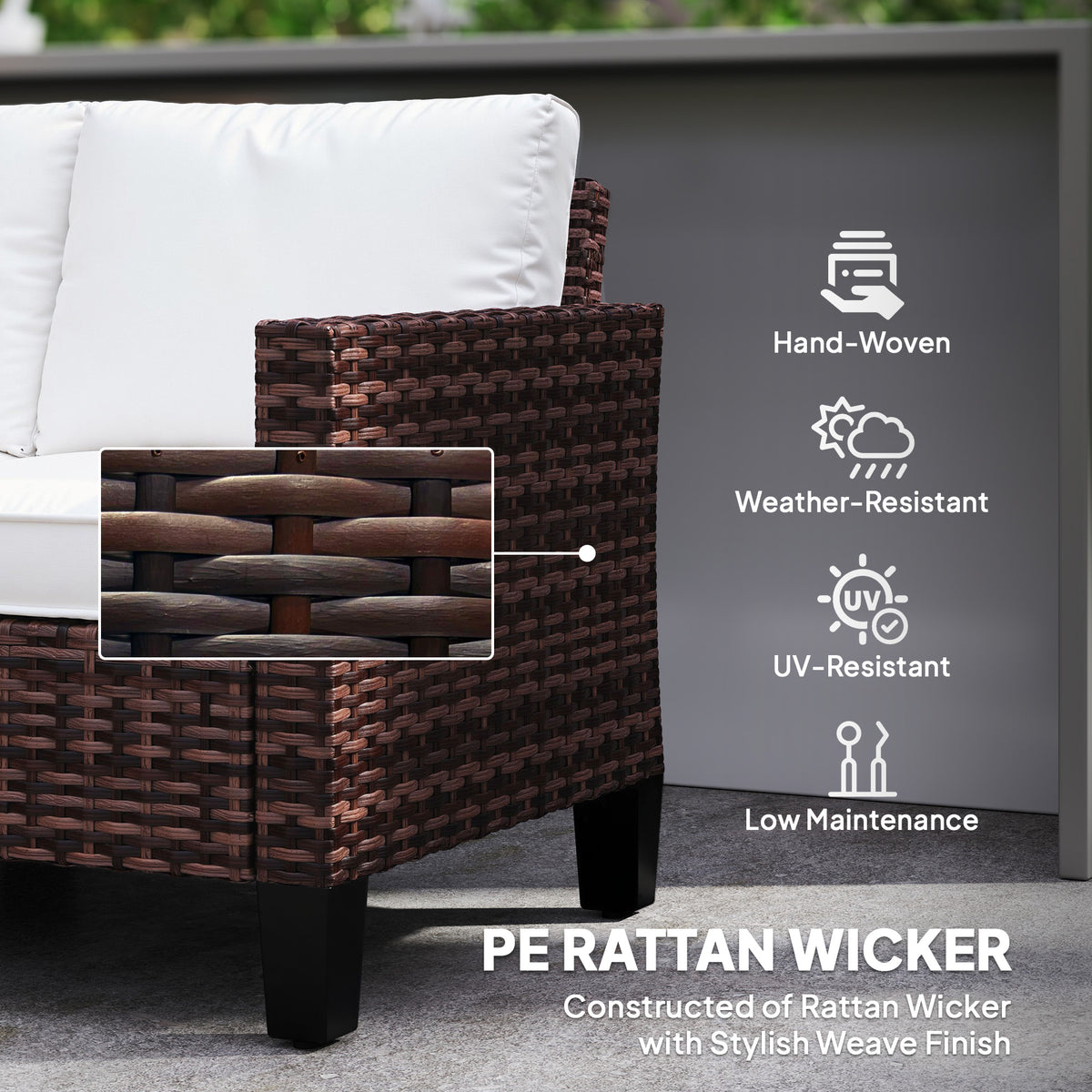 Brown hand-woven rattan sofa arm section with white cushion and dark legs