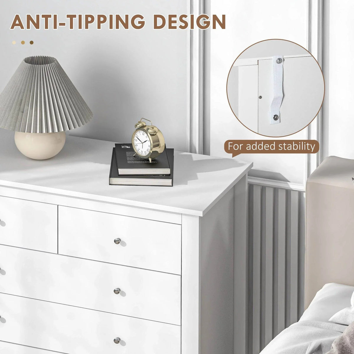 White 5-drawer chest with metal anti-tip bracket detail and drawer handles.