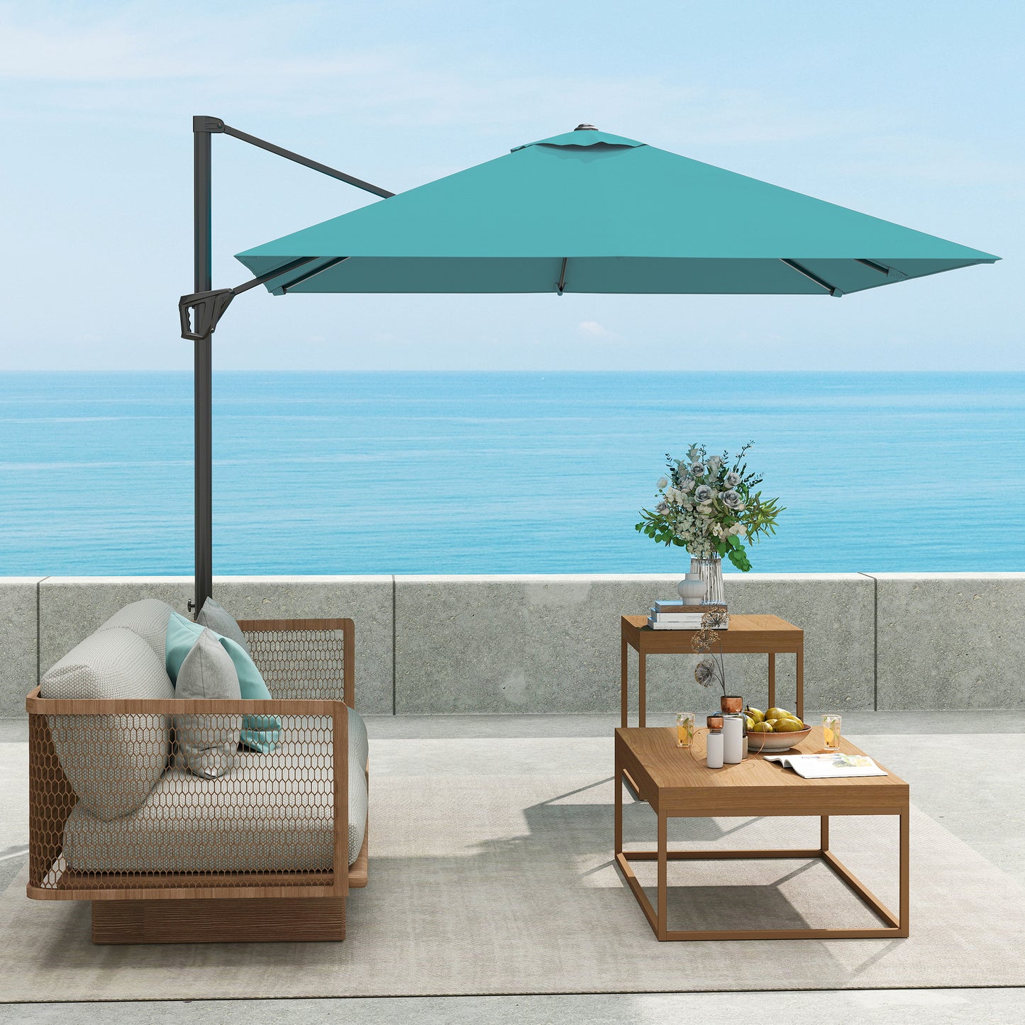 Outsunny Patio Offset Cantilever Parasol Umbrella With Base Blue, Adjustable 360 Degree Rotation And Five Positions