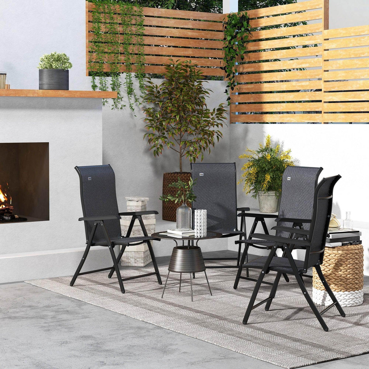 Outdoor patio folding rattan chairs with adjustable backrests, dark gray seats and frames