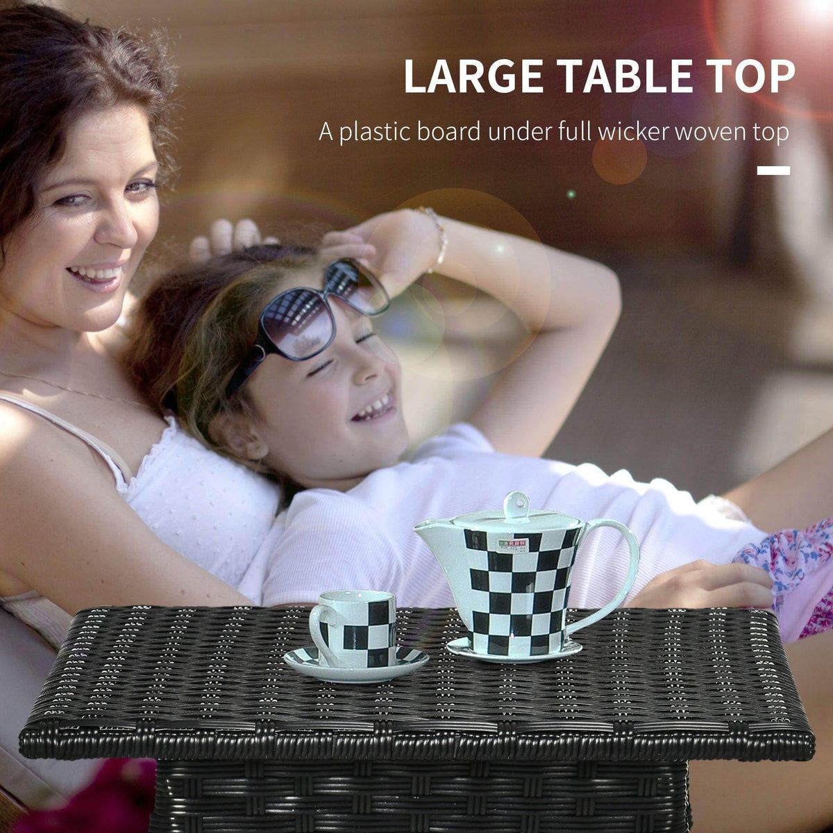 Black PE rattan outdoor side table with woven tabletop and drawer