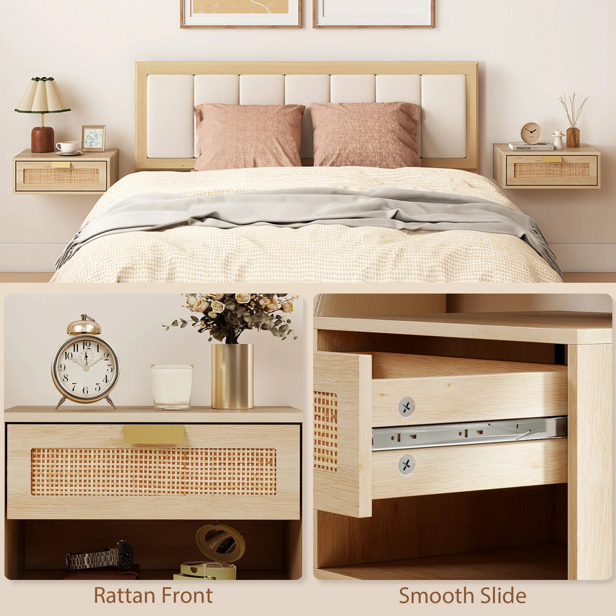 Wall-mounted bedside cabinet cutaway showing rattan front and smooth sliding drawer