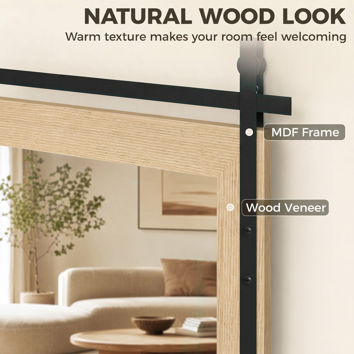 Rectangular wall mirror with light oak frame and black mounting brackets