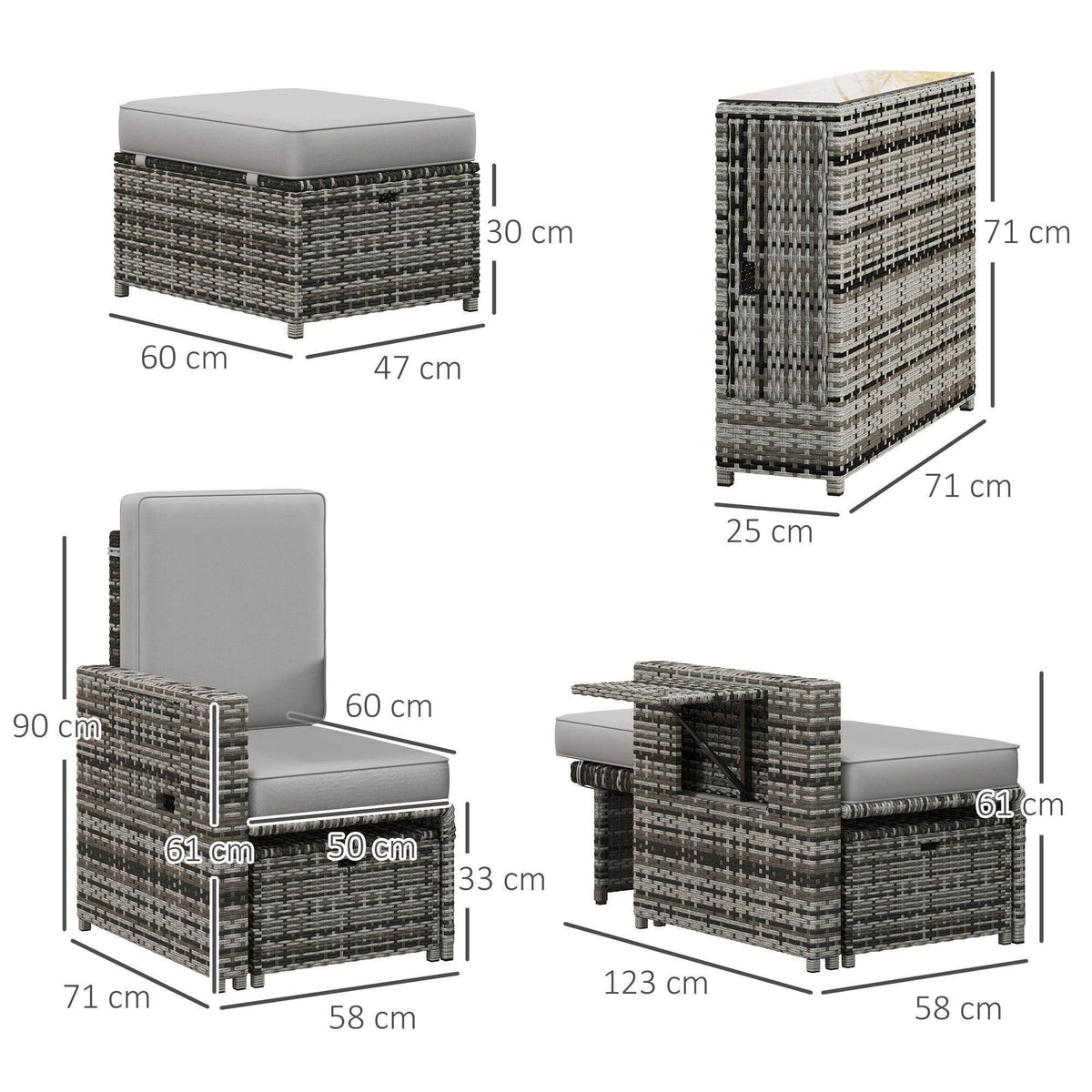 Grey rattan lounge set dimension diagram with cushions and storage ottomans