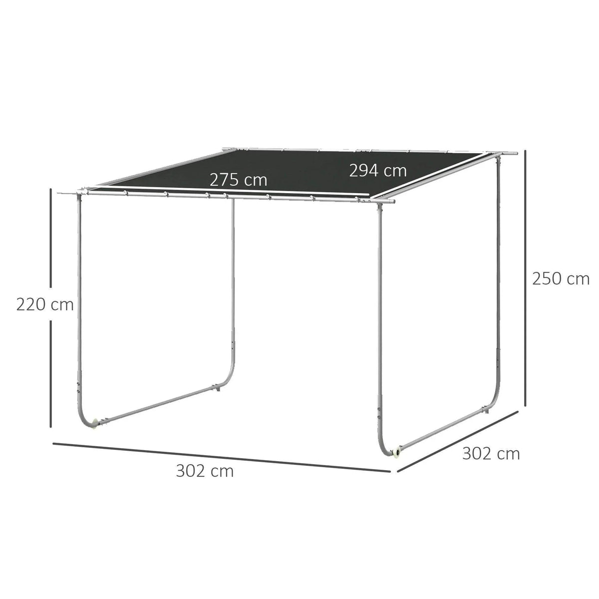Portable pergola kit frame diagram with dimensions and curved fabric valances