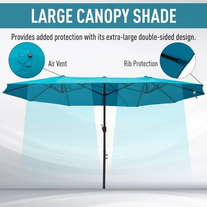 Large teal-blue double-sided patio parasol canopy with vented air panels and ribs