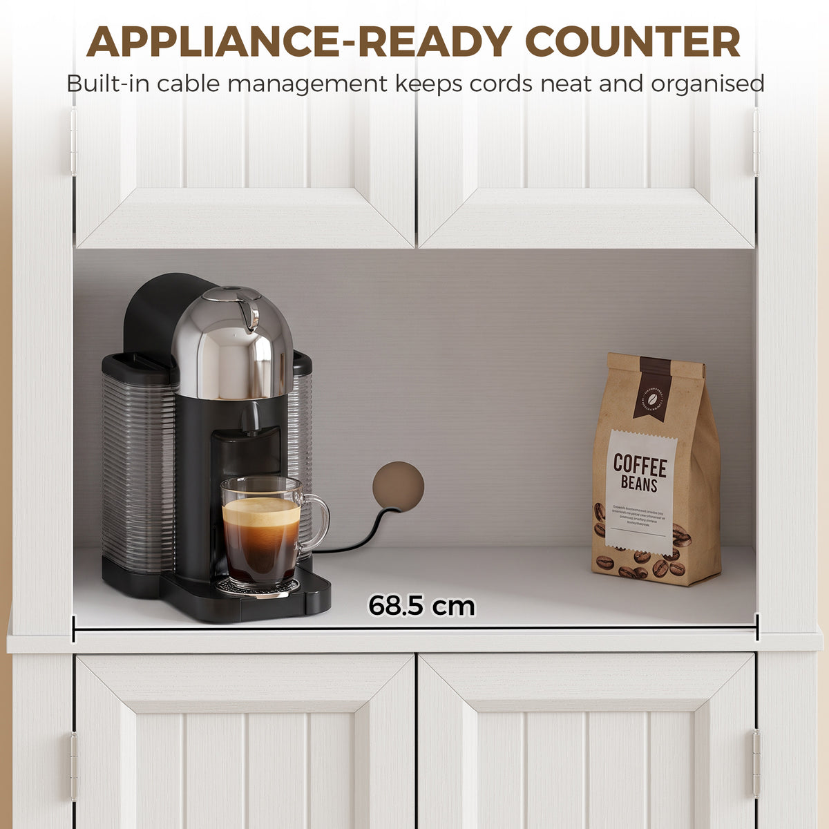White appliance-ready counter cabinet with open top shelf and built-in cable space