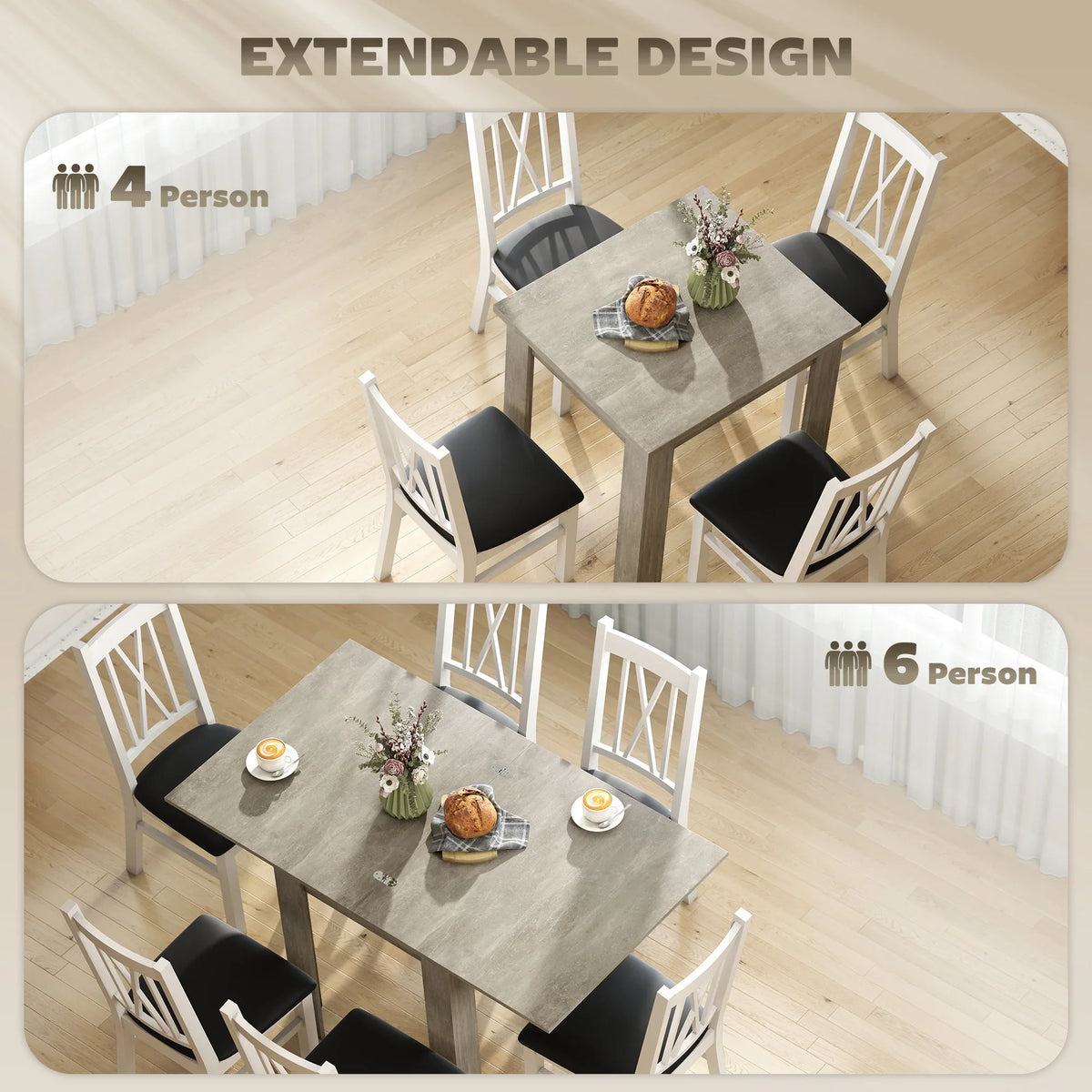 Grey extendable folding dining table with center leaf, set for 4 to 6 guests