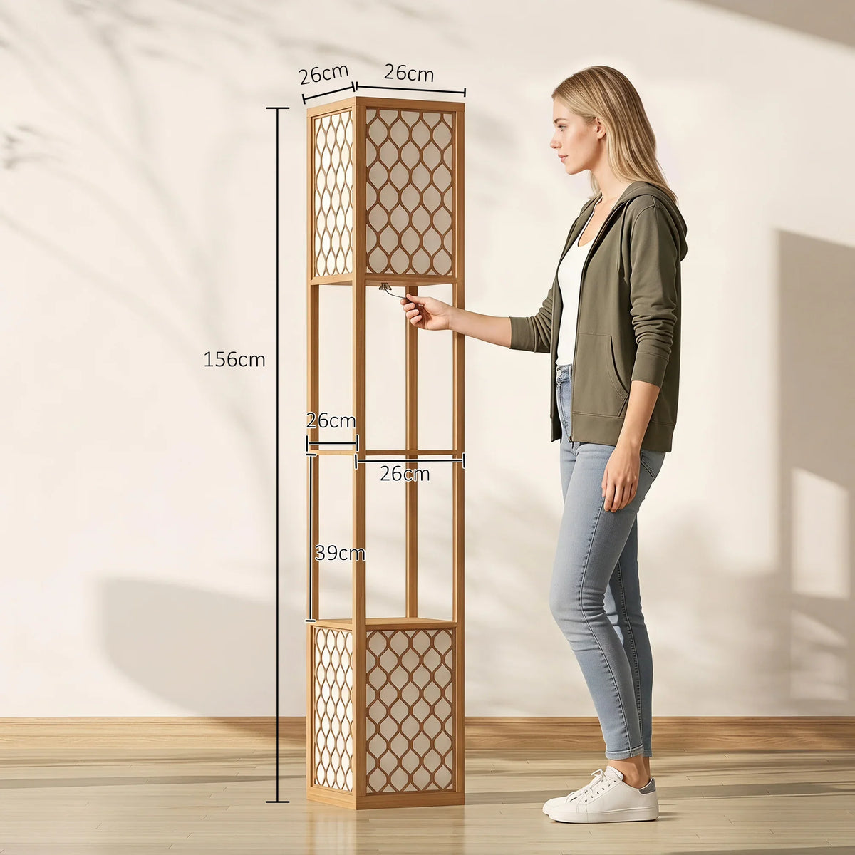 Tall wooden dual head floor lamp with open shelves and lattice light panels