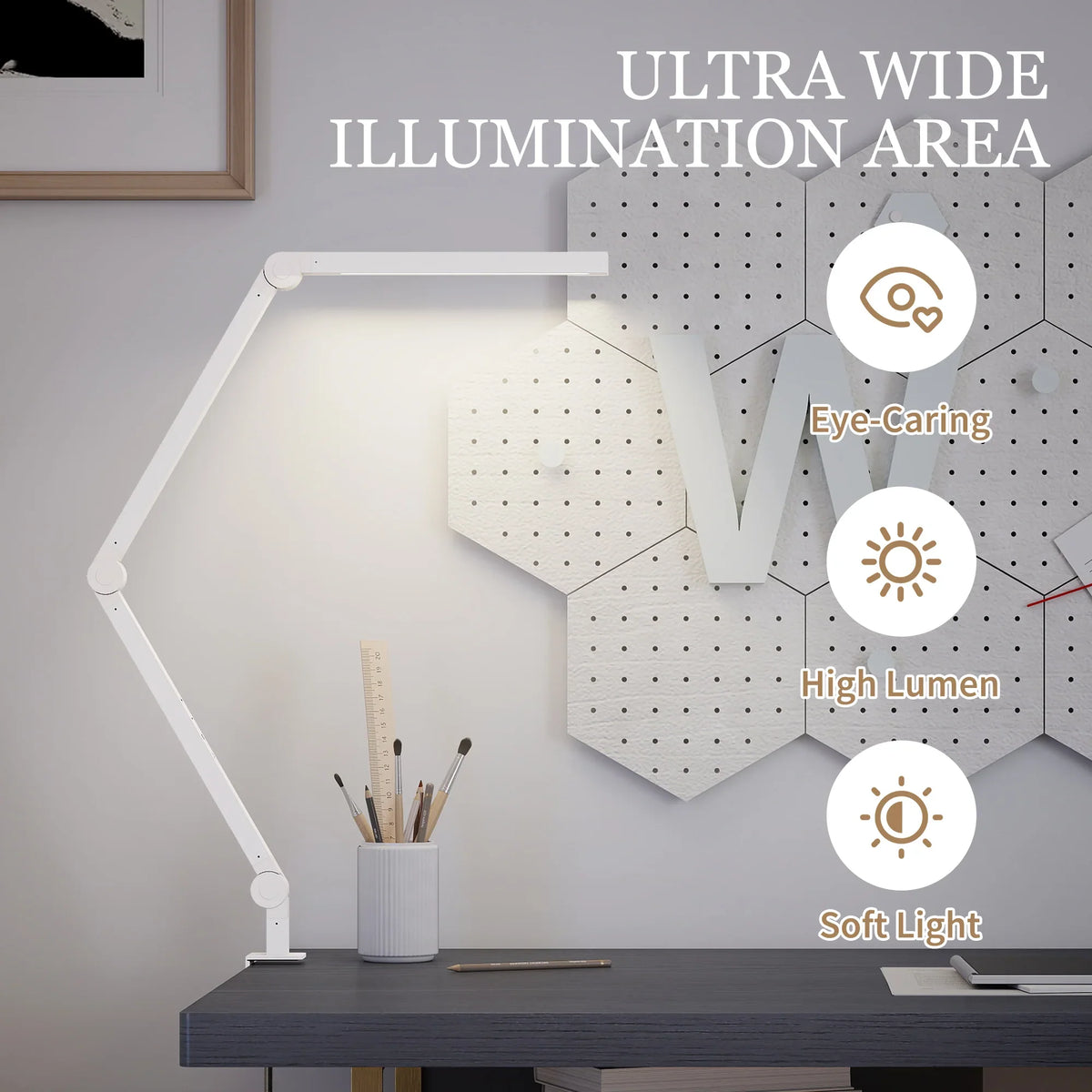 White LED desk lamp with wide illumination head over a tabletop