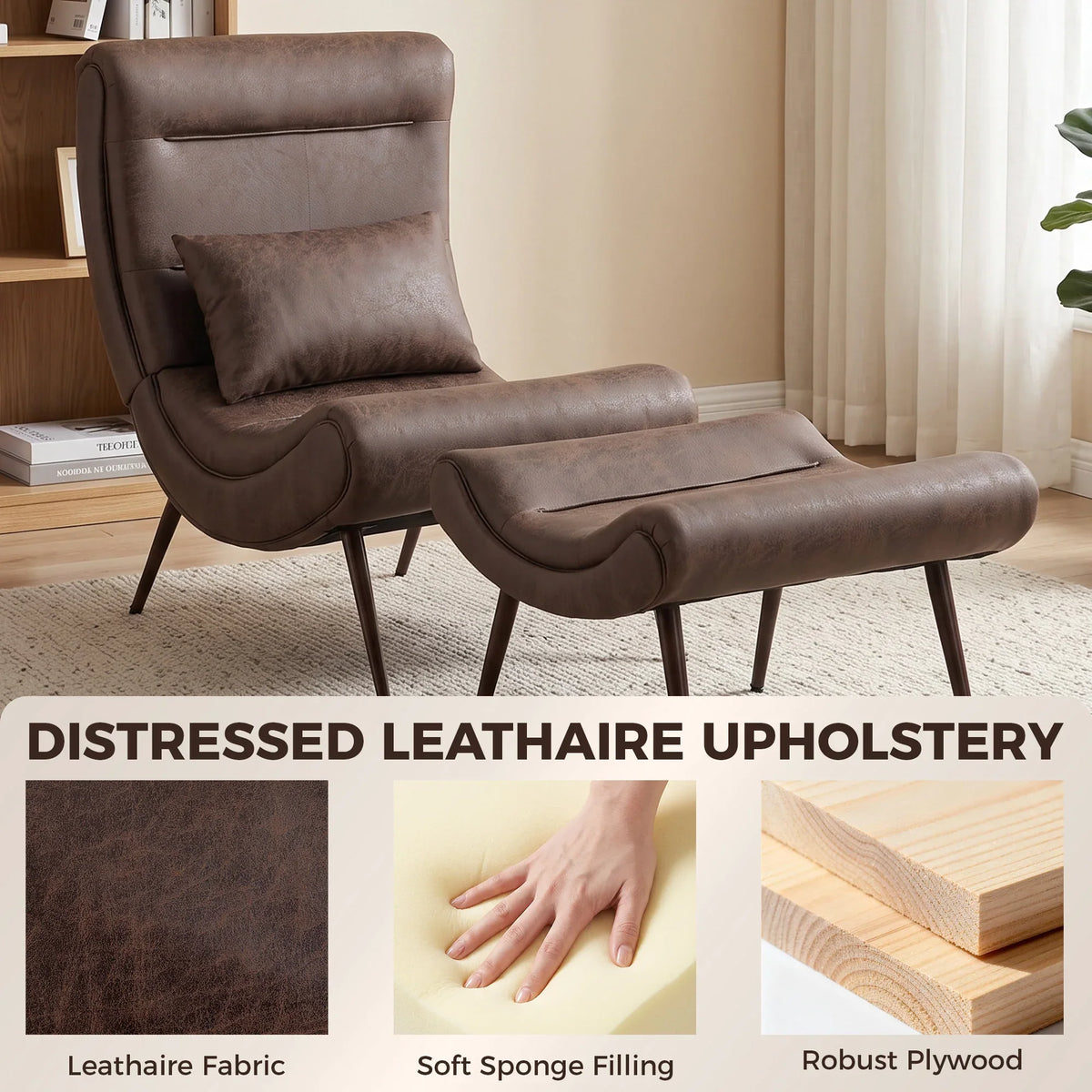 Brown distressed leather-look lounge chair with upholstered seat and matching footstool