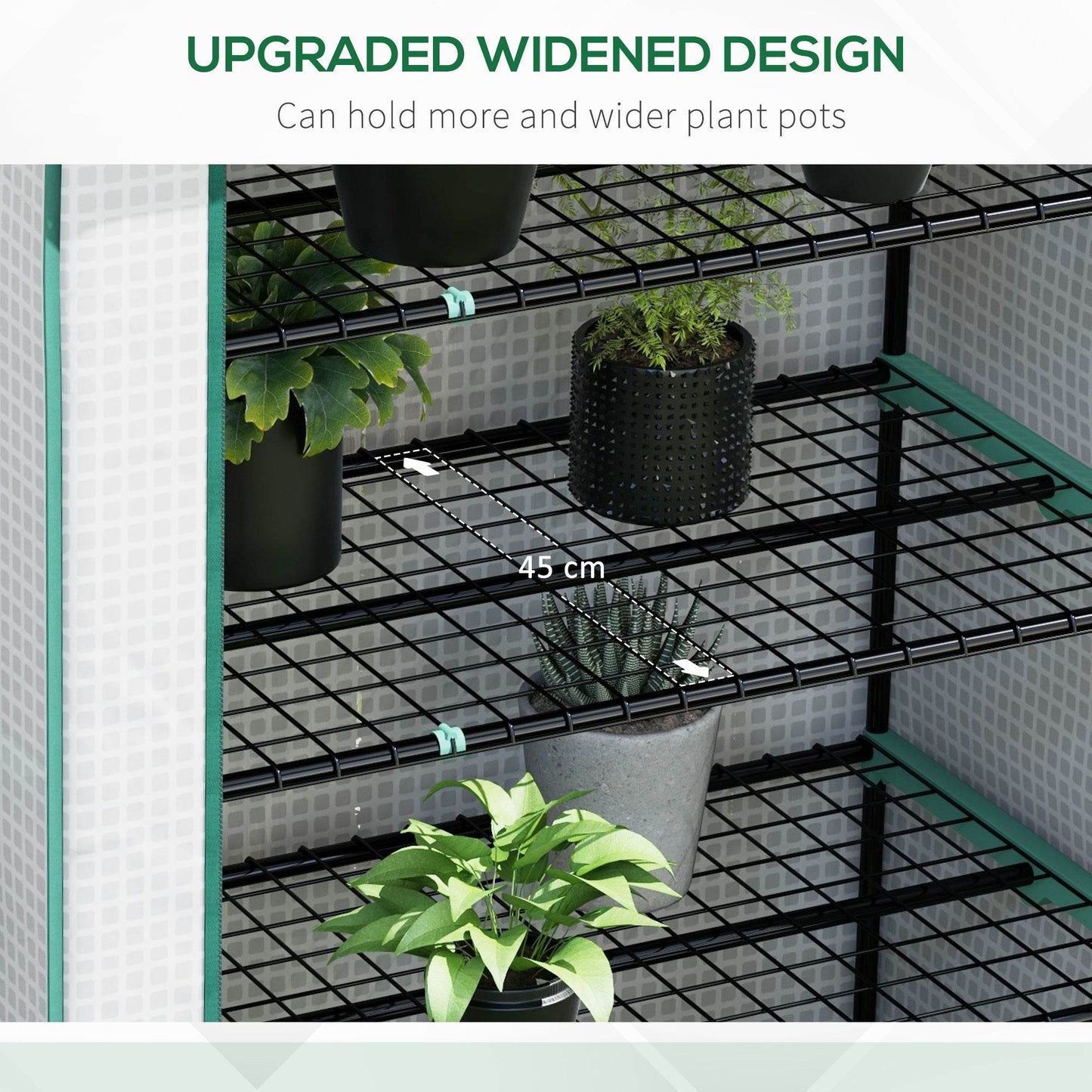 Interior view of 5-tier mini greenhouse with black wire shelves and potted plants
