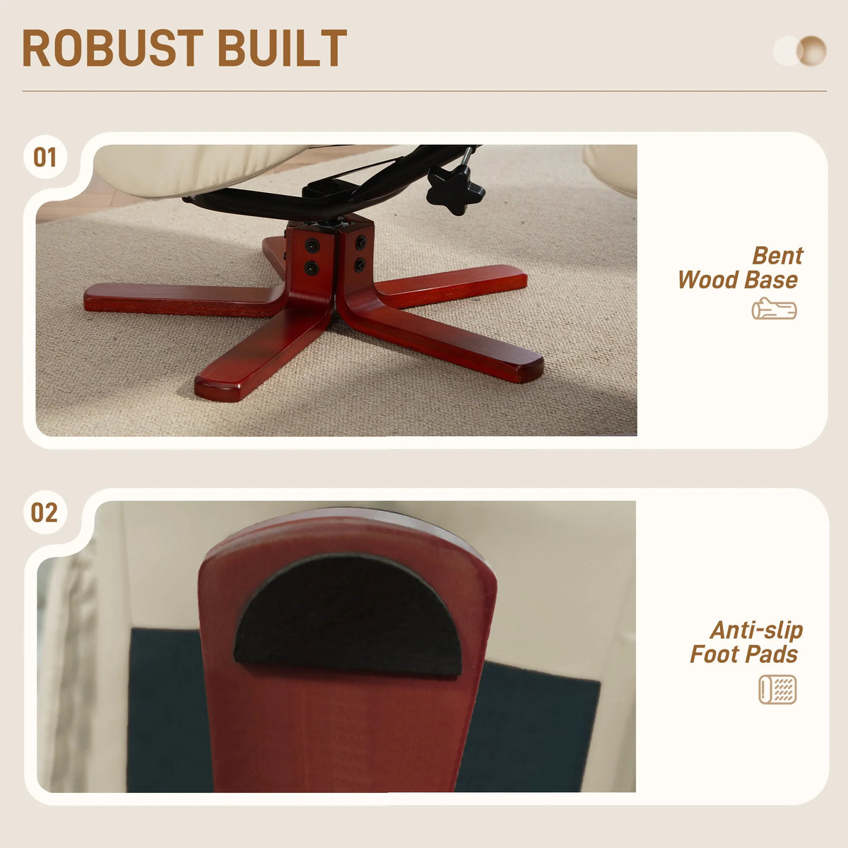 Wood base rocking recliner chair with padded seat and anti-slip foot pads