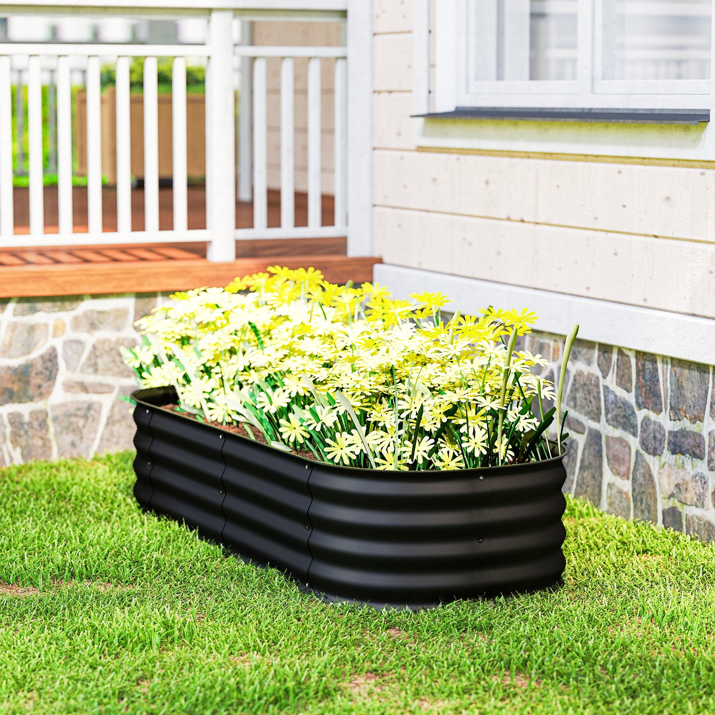 Outsunny Galvanised Raised Garden Bed Metal Planter Box With Safety Edging For Flowers Herbs And Succulents Black