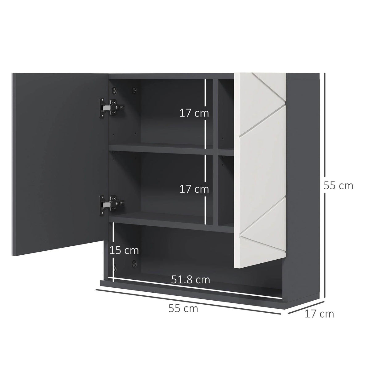 Wall-mounted cabinet with mirrored door and shelves, side view with size measurements