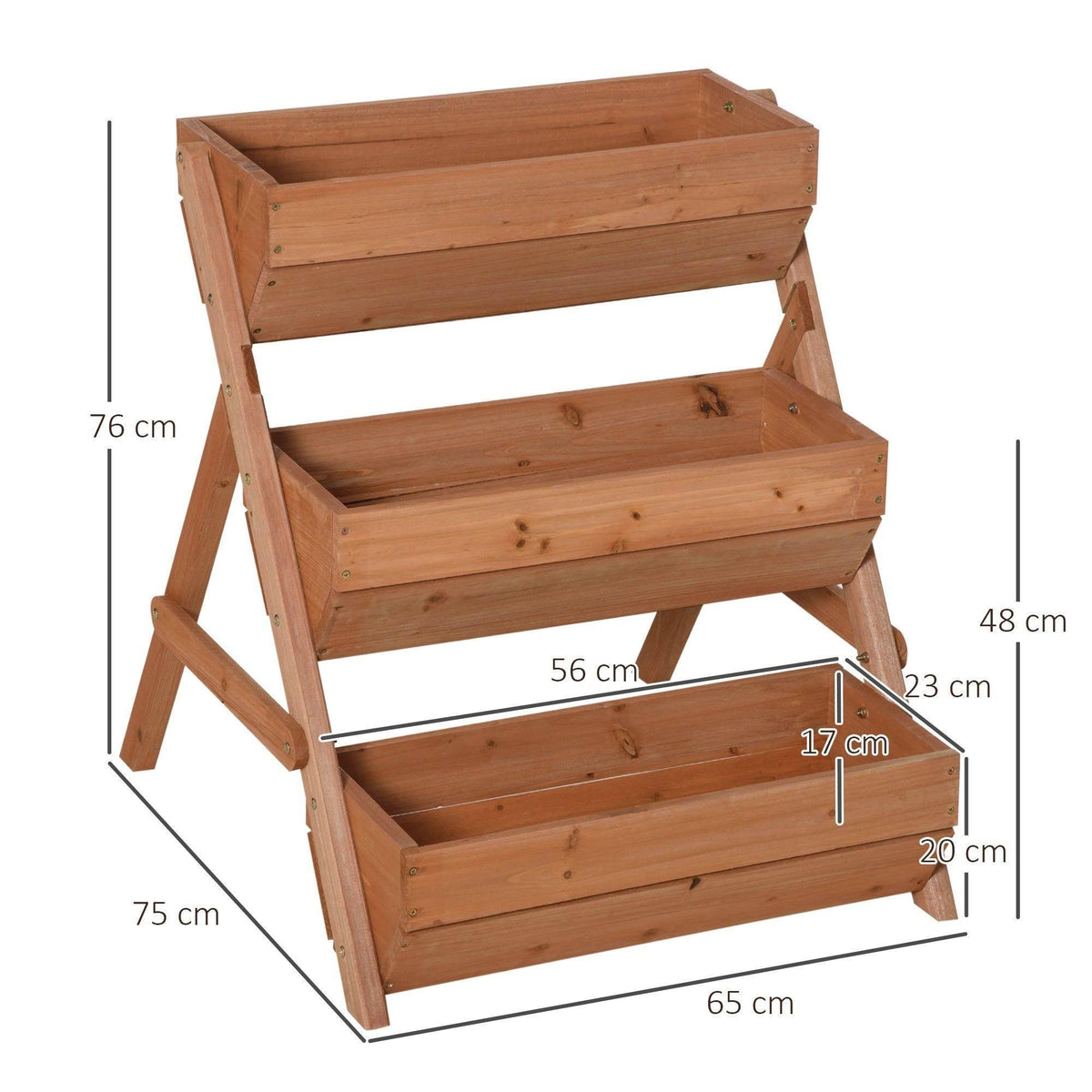 Brown three-tier raised wooden planter box with side ladder-style frame and measurements