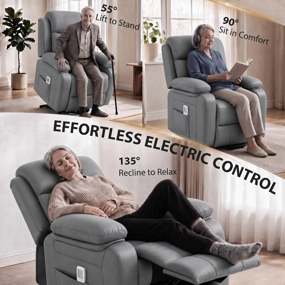 Grey electric control recliner chair showing lift to stand and recline positions